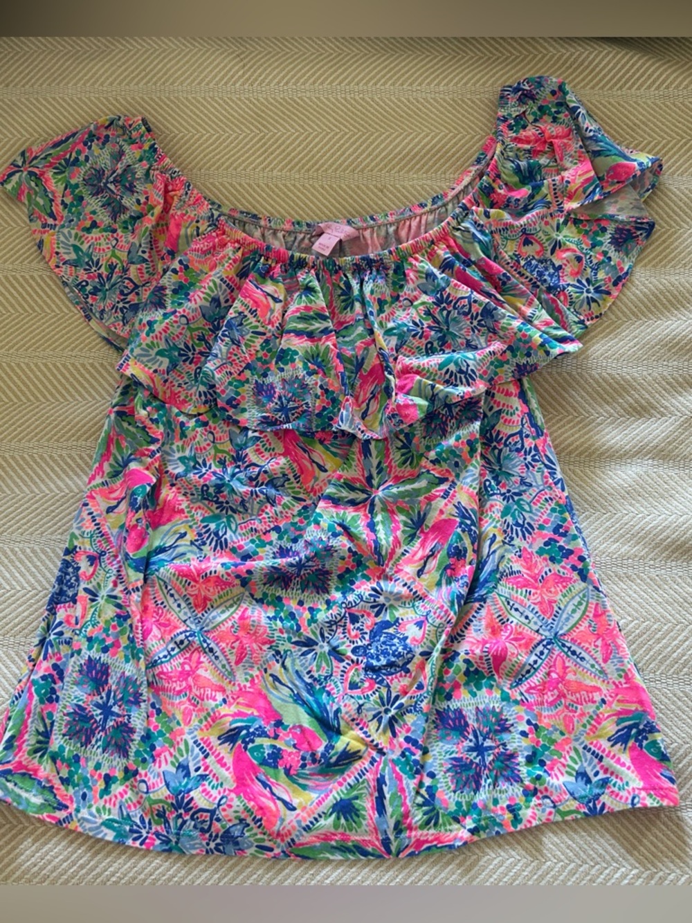 Lilly Pulitzer Pink Blue Green Off-Shoulder Ruffle Top